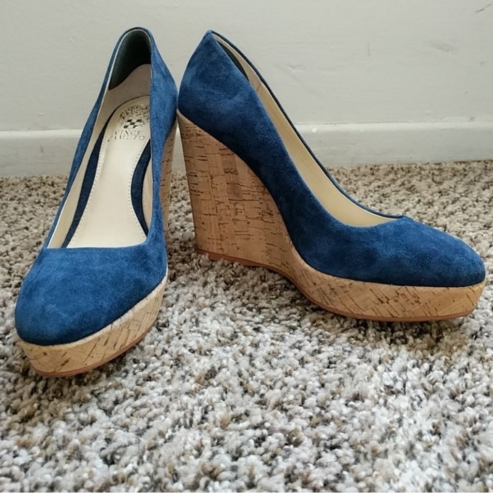 Vince Camuto blue suede cork wedges